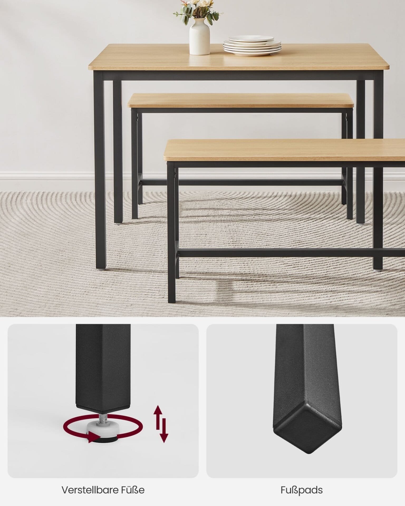 VASAGLE Dining Table with 2 Benches, Set of 3, Kitchen Table 70 x 110 x 75 cm, 2 Benches Each 30 x 97 x 50 cm, Steel Frame, Gold Oak Ink Black KDT070B09 6 VASAGLE Dining Table with 2 Benches, Set of 3, Kitchen Table 70 x 110 x 75 cm, 2 Benches Each 30 x 97 x 50 cm, Steel Frame, Gold Oak Ink Black KDT070B09 - Billede 6