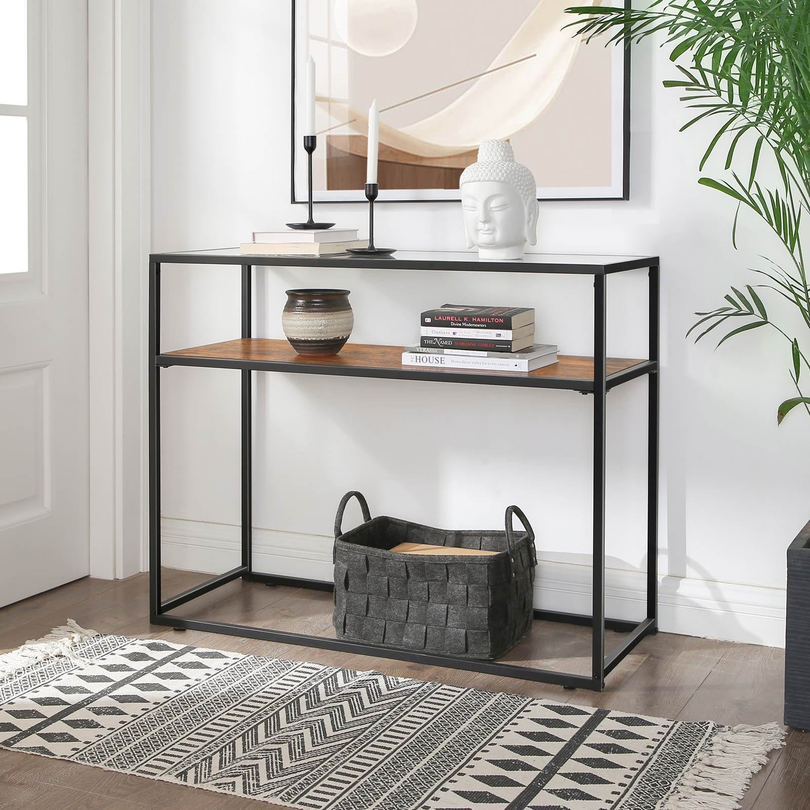 VASAGLE Console Table, Entrance Console, Tempered Glass Top, Robust Steel Frame, Easy Assembly, for Living Room Hallway, Industrial Style, Rustic Brown and Black LNT10BX 3 VASAGLE Console Table, Entrance Console, Tempered Glass Top, Robust Steel Frame, Easy Assembly, for Living Room Hallway, Industrial Style, Rustic Brown and Black LNT10BX - Billede 3