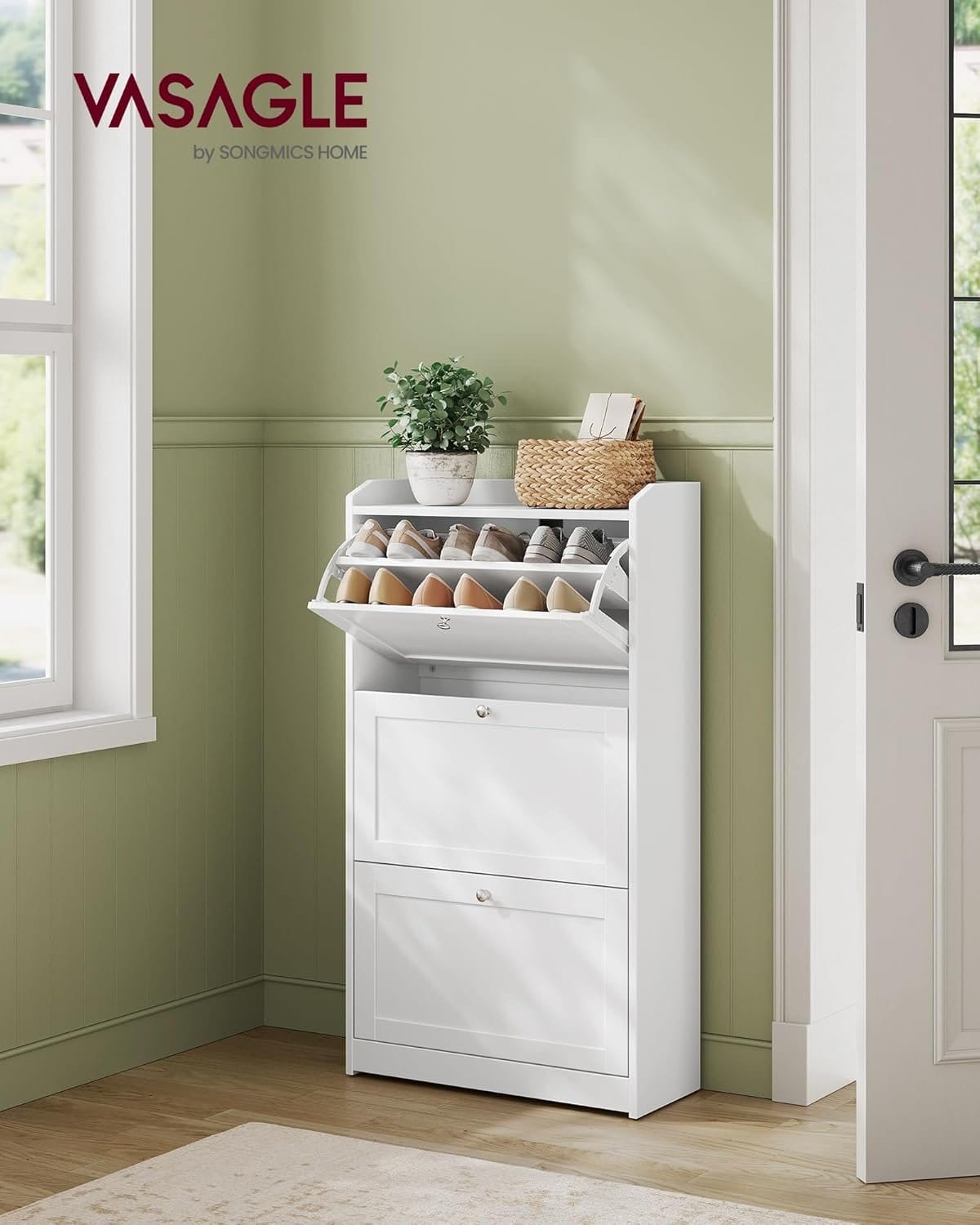 VASAGLE Shoe Cabinet 2 Flip Doors, 3 Tier Shoe Rack, with 1 Open Compartment, Adjustable and Removable Divider, for 11-16 Pairs Shoes, for Narrow Entrance, 24 x 80 x 102 cm, Rustic Brown LBC048B01 3 VASAGLE Shoe Cabinet 2 Flip Doors, 3 Tier Shoe Rack, with 1 Open Compartment, Adjustable and Removable Divider, for 11-16 Pairs Shoes, for Narrow Entrance, 24 x 80 x 102 cm, Rustic Brown LBC048B01 - Billede 3