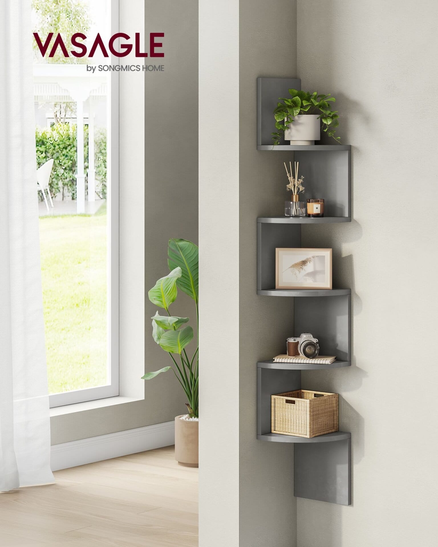 VASAGLE LBC072G49 Corner Shelf with 5 Shelves, Floating Shelf for Kitchen, Bedroom, Living Room, Office, Plants, CDs, Decorations, Souvenirs 2 VASAGLE LBC072G49 Corner Shelf with 5 Shelves, Floating Shelf for Kitchen, Bedroom, Living Room, Office, Plants, CDs, Decorations, Souvenirs - Billede 2