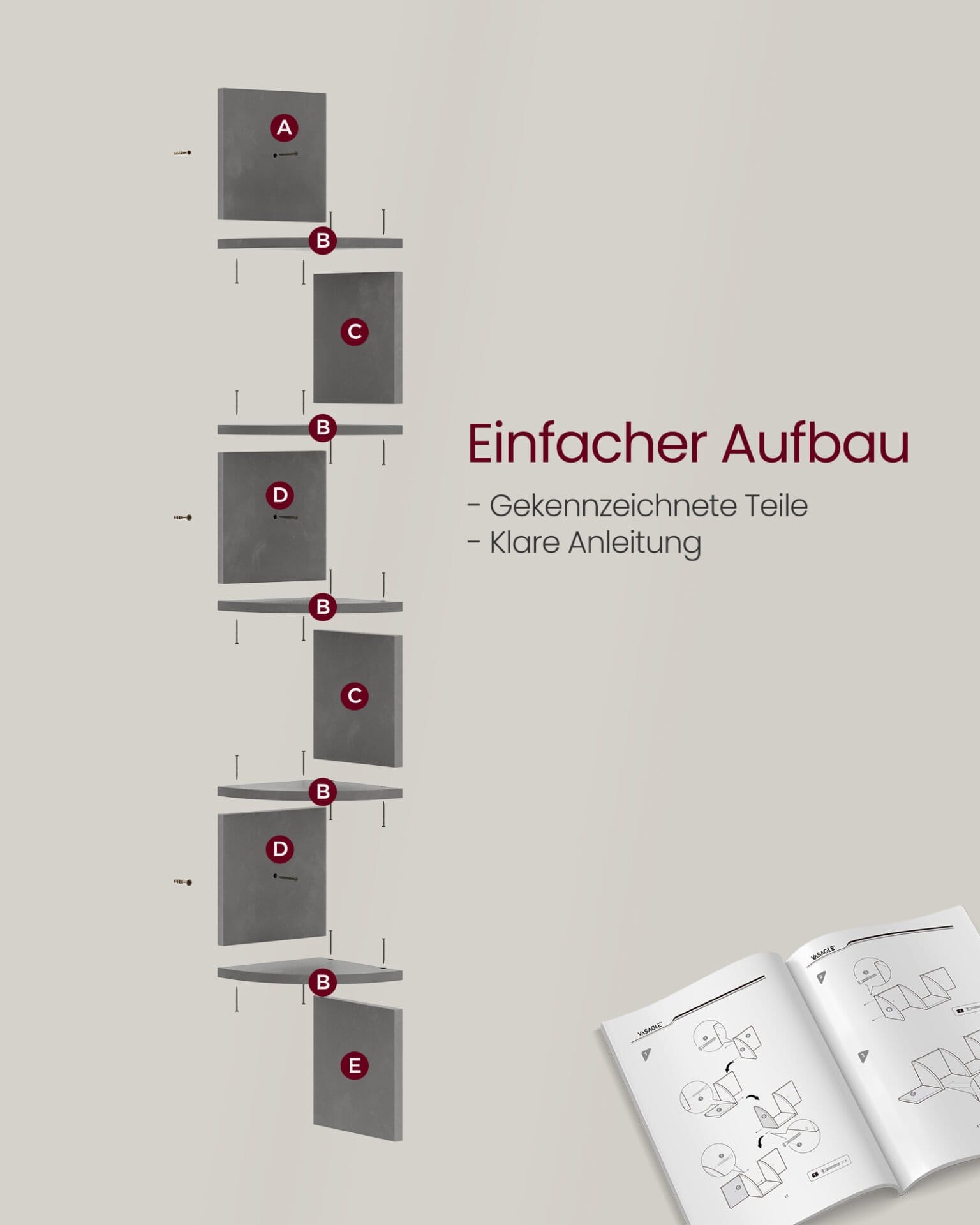 VASAGLE LBC072G49 Corner Shelf with 5 Shelves, Floating Shelf for Kitchen, Bedroom, Living Room, Office, Plants, CDs, Decorations, Souvenirs 5 VASAGLE LBC072G49 Corner Shelf with 5 Shelves, Floating Shelf for Kitchen, Bedroom, Living Room, Office, Plants, CDs, Decorations, Souvenirs - Billede 5