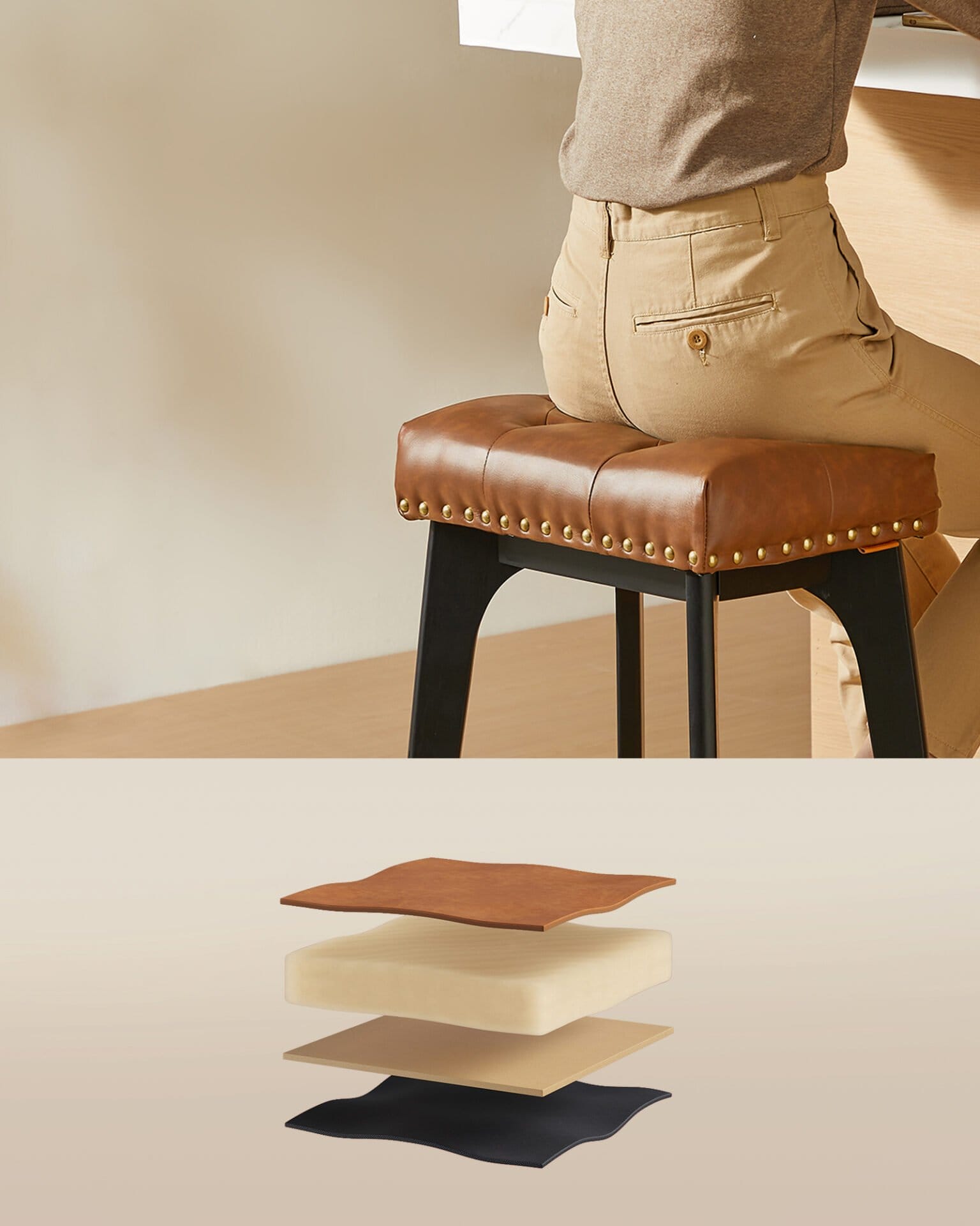 VASAGLE Bar Stools Set of 2, Kitchen Chairs, Faux Leather, Decorative Buttons and Rivets, Solid Wood Legs, 66cm High, Home Bar, Dining Room, Easy Assembly, Coffee Brown LBC085K01 4 VASAGLE Bar Stools Set of 2, Kitchen Chairs, Faux Leather, Decorative Buttons and Rivets, Solid Wood Legs, 66cm High, Home Bar, Dining Room, Easy Assembly, Coffee Brown LBC085K01 - Billede 4