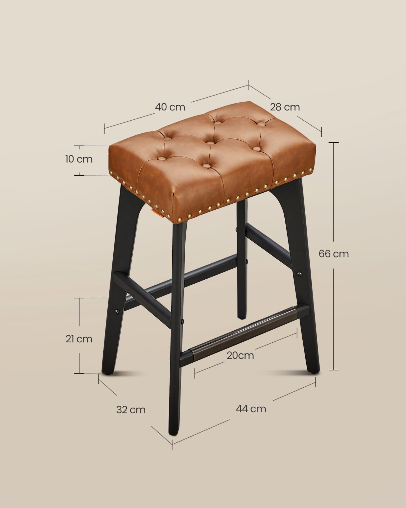 VASAGLE Bar Stools Set of 2, Kitchen Chairs, Faux Leather, Decorative Buttons and Rivets, Solid Wood Legs, 66cm High, Home Bar, Dining Room, Easy Assembly, Coffee Brown LBC085K01 6 VASAGLE Bar Stools Set of 2, Kitchen Chairs, Faux Leather, Decorative Buttons and Rivets, Solid Wood Legs, 66cm High, Home Bar, Dining Room, Easy Assembly, Coffee Brown LBC085K01 - Billede 6