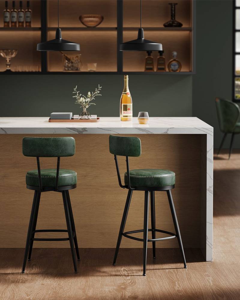 VASAGLE EKHO Collection - Bar Stools Set of 2 Swivel Bar Stools with Backrest Faux Leather with Stitching Mid-Century Modern Style 65cm High Kitchen Home Bar Forest Green LBC089C01 4 VASAGLE EKHO Collection - Bar Stools Set of 2 Swivel Bar Stools with Backrest Faux Leather with Stitching Mid-Century Modern Style 65cm High Kitchen Home Bar Forest Green LBC089C01 - Billede 4
