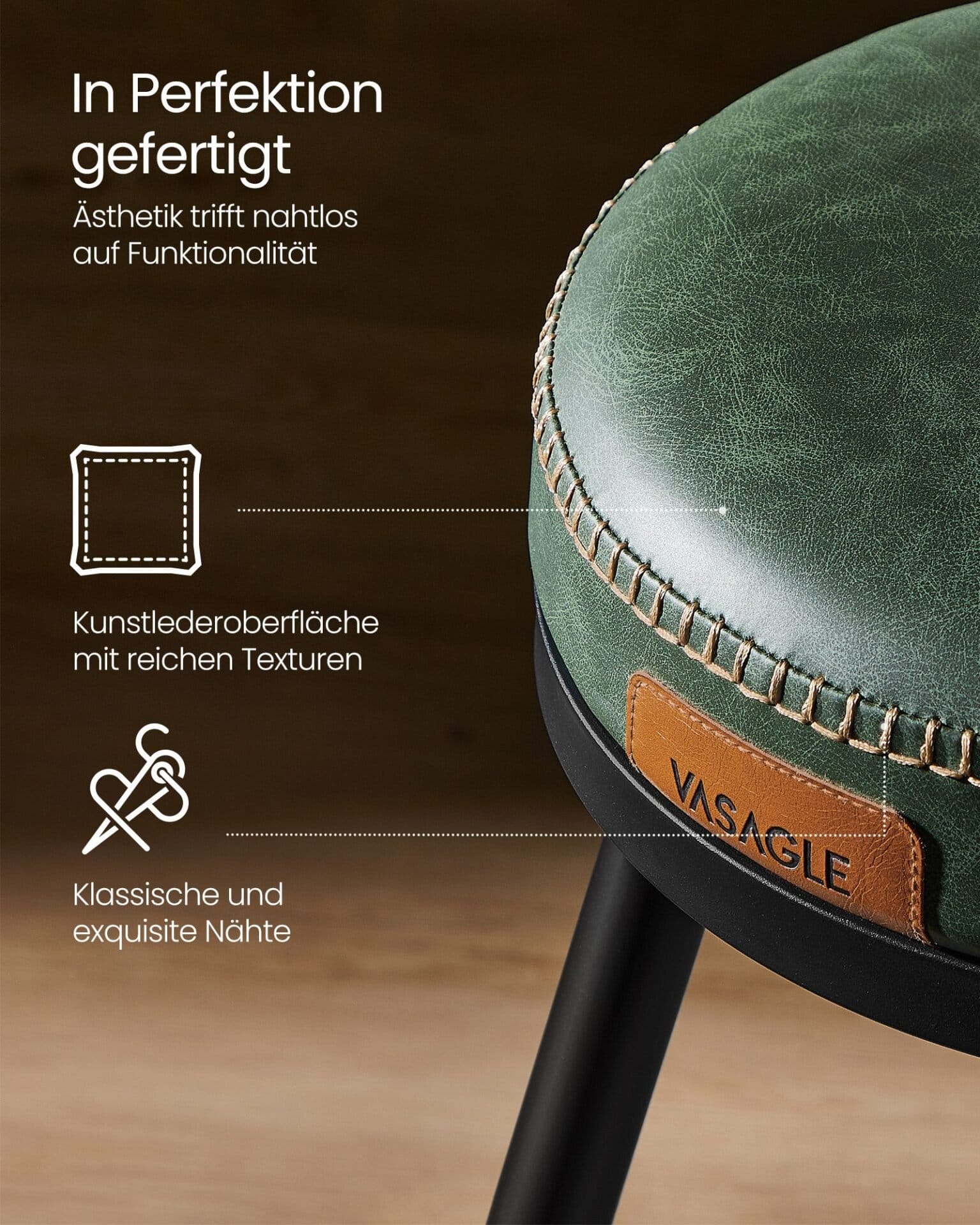 VASAGLE EKHO Collection - Bar Stools Set of 2 Swivel Bar Stools with Backrest Faux Leather with Stitching Mid-Century Modern Style 65cm High Kitchen Home Bar Forest Green LBC089C01 5 VASAGLE EKHO Collection - Bar Stools Set of 2 Swivel Bar Stools with Backrest Faux Leather with Stitching Mid-Century Modern Style 65cm High Kitchen Home Bar Forest Green LBC089C01 - Billede 5