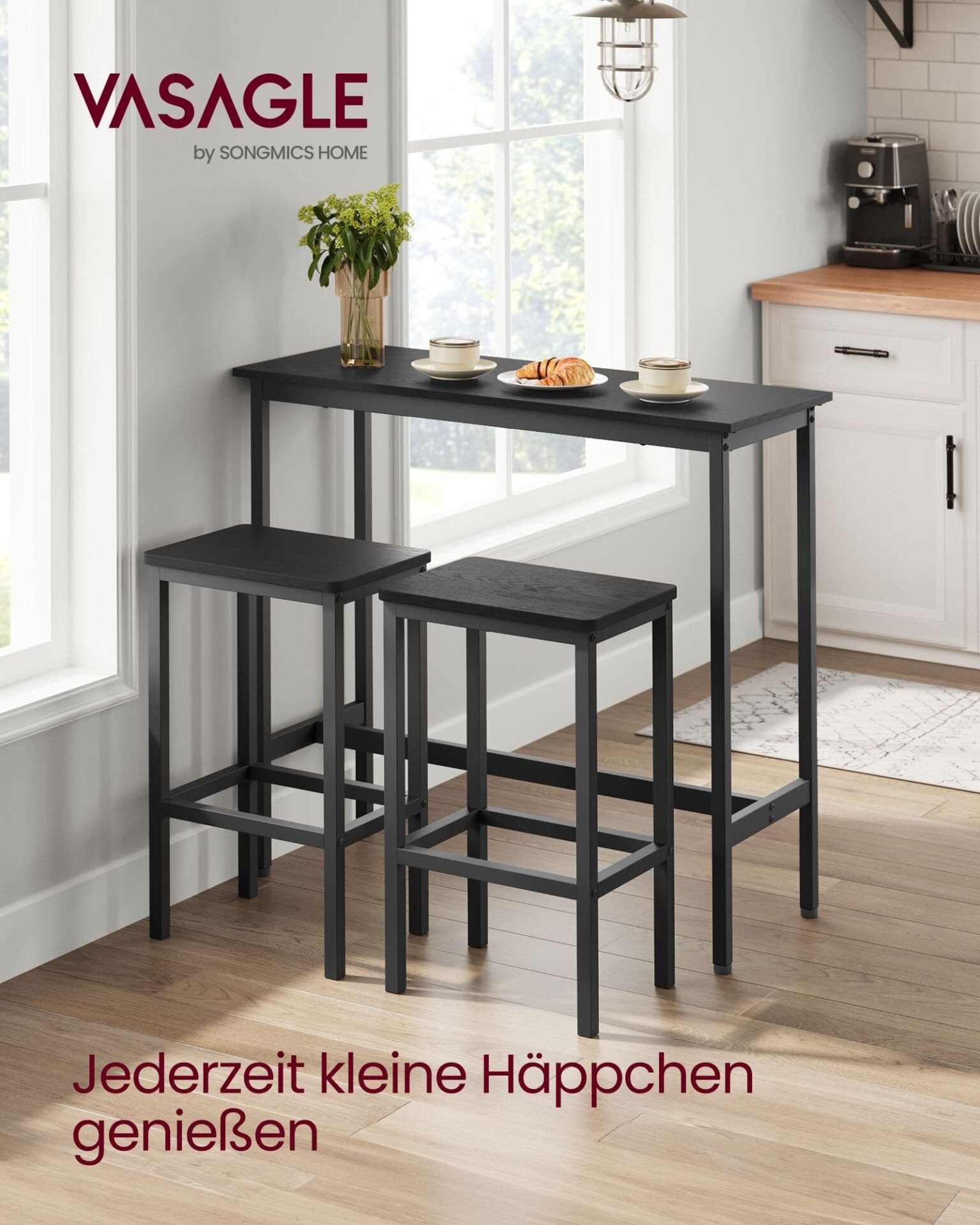 VASAGLE Dining Table Set, Bar Table and Stools, Breakfast Bar Table with 2 Bar Stools, Industrial Steel Frame, Ebony Black and Ink Black LBT218B56 2 VASAGLE Dining Table Set, Bar Table and Stools, Breakfast Bar Table with 2 Bar Stools, Industrial Steel Frame, Ebony Black and Ink Black LBT218B56 - Billede 2