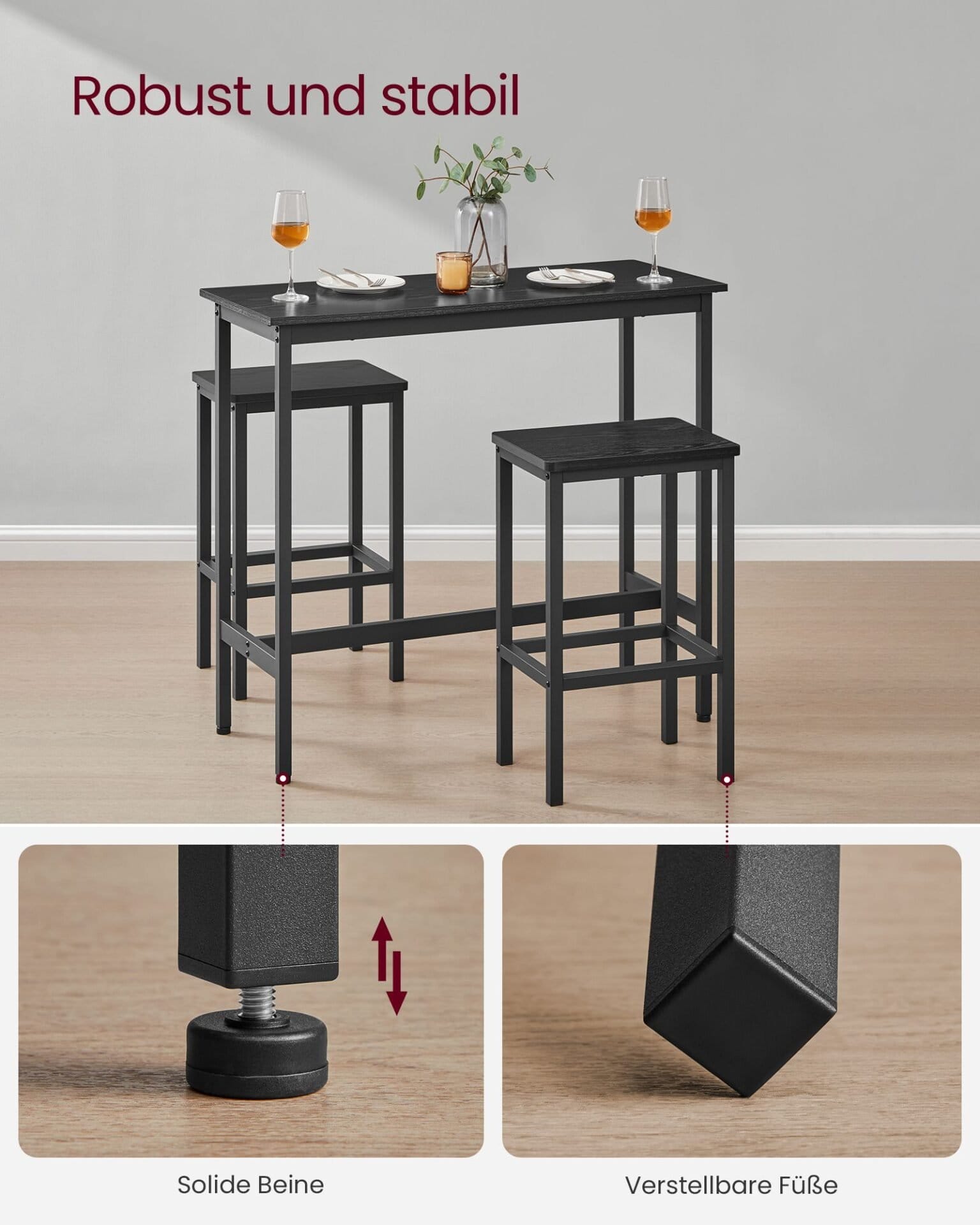 VASAGLE Dining Table Set, Bar Table and Stools, Breakfast Bar Table with 2 Bar Stools, Industrial Steel Frame, Ebony Black and Ink Black LBT218B56 3 VASAGLE Dining Table Set, Bar Table and Stools, Breakfast Bar Table with 2 Bar Stools, Industrial Steel Frame, Ebony Black and Ink Black LBT218B56 - Billede 3