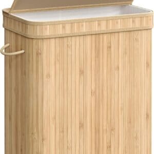 Vasketøjskurv med låg, vasketøjskurv i bambus, 100 liter, naturlig beige