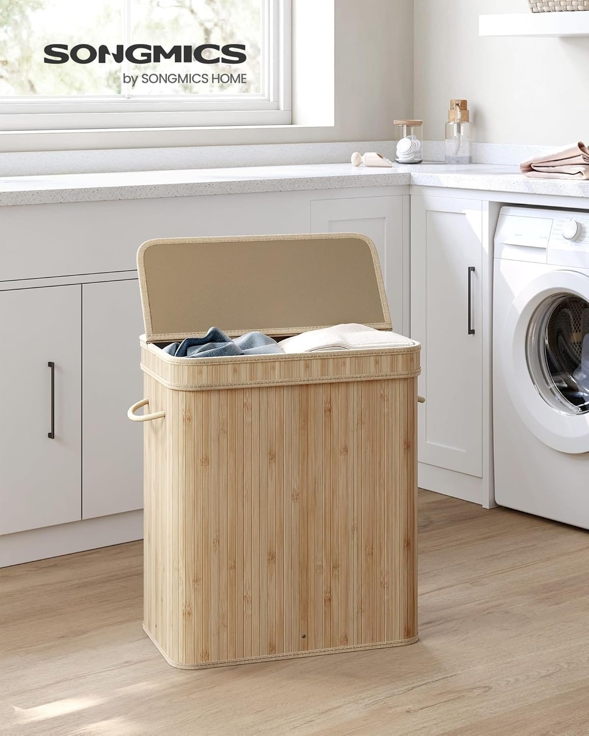 Vasketøjskurv med låg, vasketøjskurv i bambus, 100 liter, naturlig beige 2 Vasketøjskurv med låg, vasketøjskurv i bambus, 100 liter, naturlig beige - Billede 2