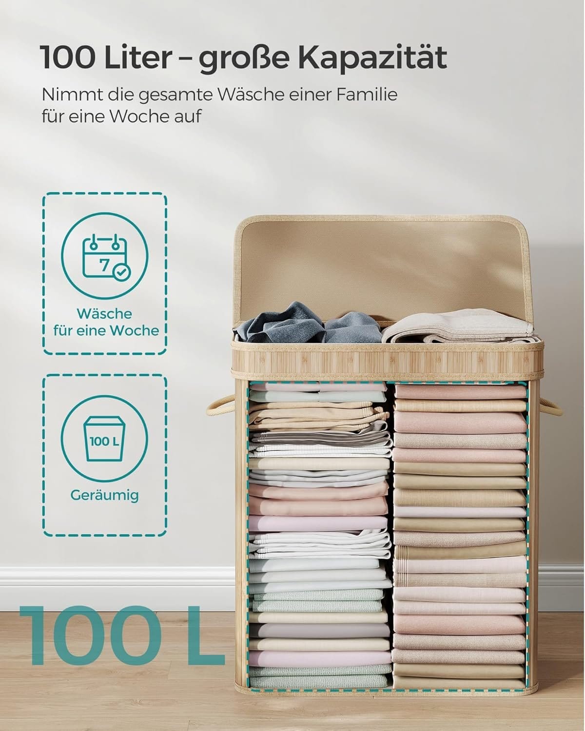 Vasketøjskurv med låg, vasketøjskurv i bambus, 100 liter, naturlig beige 5 Vasketøjskurv med låg, vasketøjskurv i bambus, 100 liter, naturlig beige - Billede 5