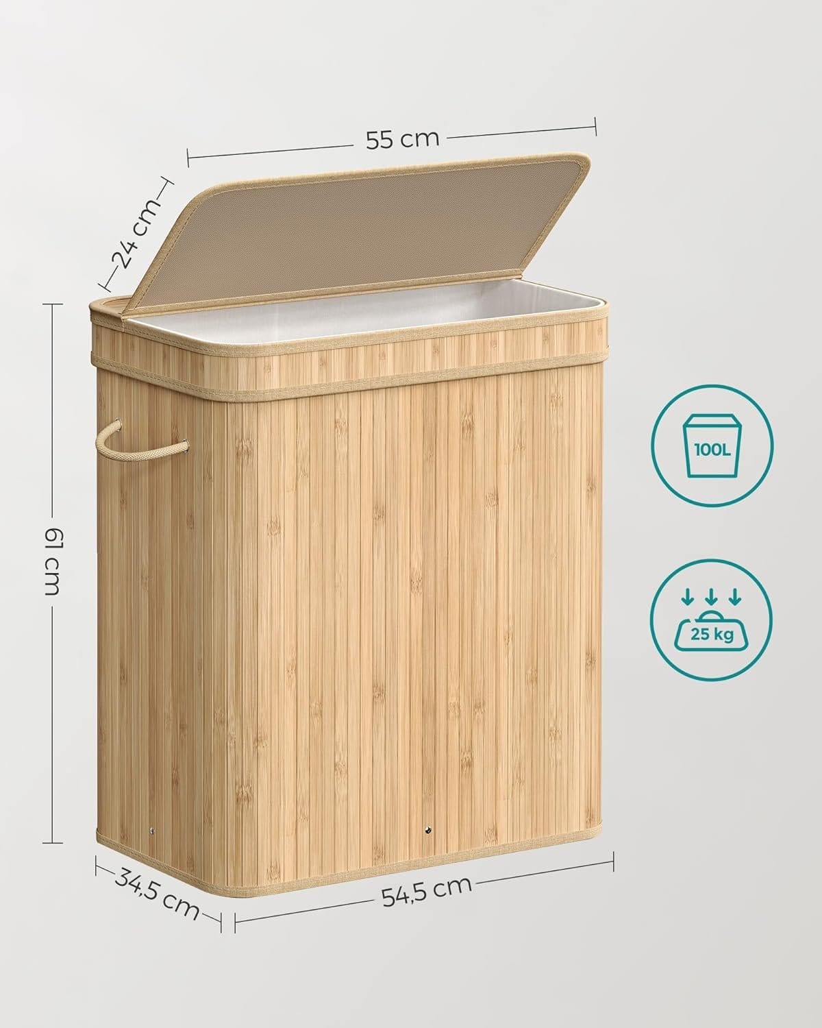 Vasketøjskurv med låg, vasketøjskurv i bambus, 100 liter, naturlig beige 6 Vasketøjskurv med låg, vasketøjskurv i bambus, 100 liter, naturlig beige - Billede 6