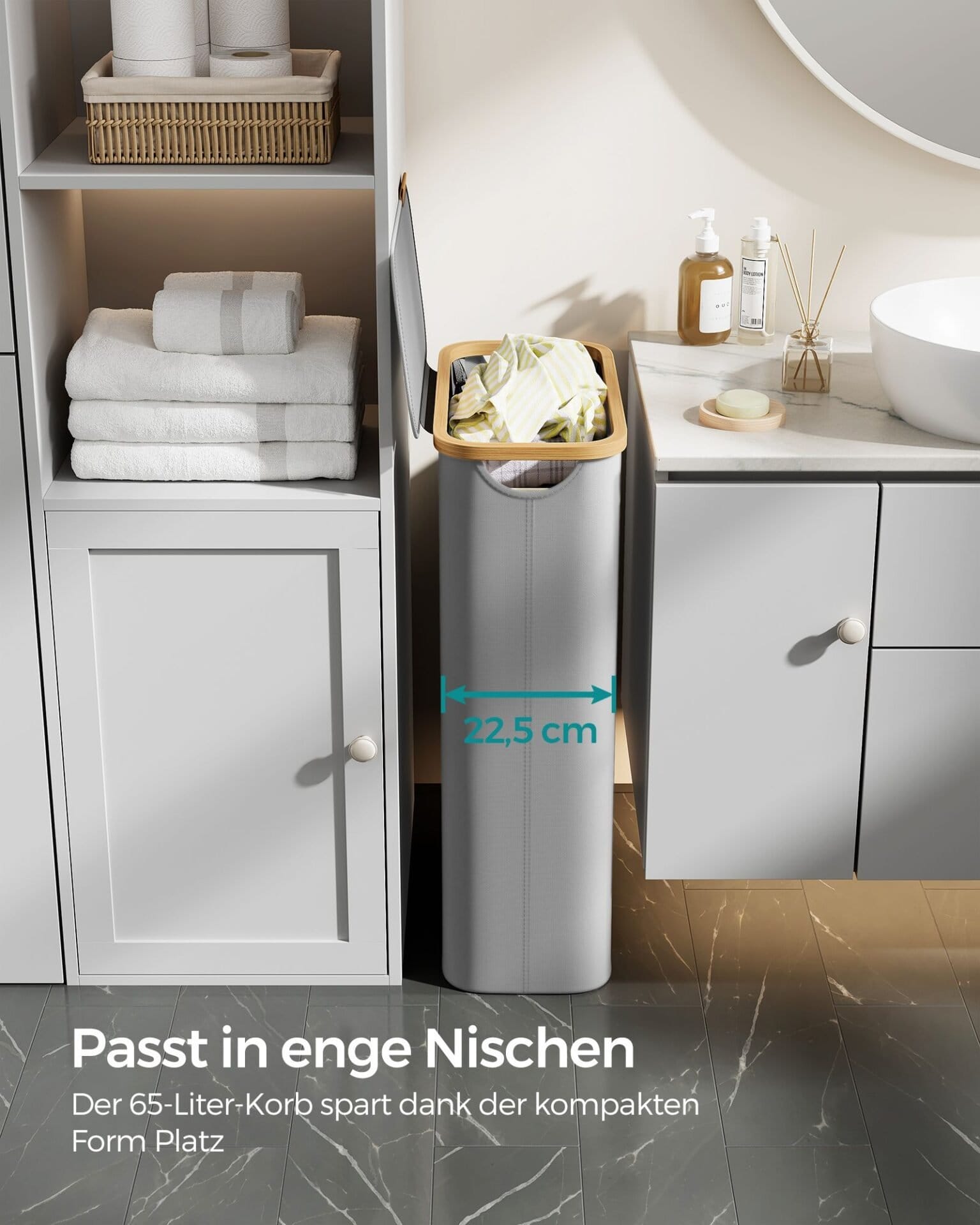 SONGMICS Laundry Basket with Lid, Slim Laundry Hamper, 65L, Space-Saving, Removable Mesh Liner, Oxford Fabric, Bamboo Handles, Collapsible, 42 x 22.5 x 70.5 cm, Dove Grey LCB506G01 3 SONGMICS Laundry Basket with Lid, Slim Laundry Hamper, 65L, Space-Saving, Removable Mesh Liner, Oxford Fabric, Bamboo Handles, Collapsible, 42 x 22.5 x 70.5 cm, Dove Grey LCB506G01 - Billede 3