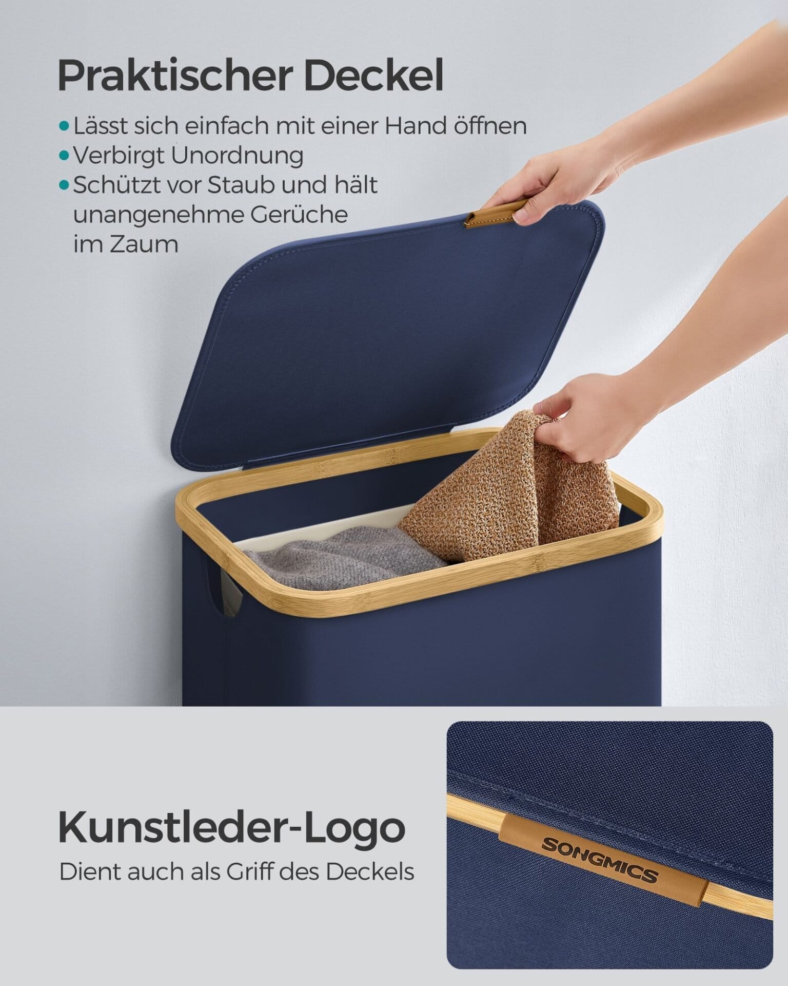 SONGMICS Laundry Basket with Lid, Large Laundry Hamper, 90L, Removable Mesh Liner, Oxford Fabric, Bamboo Handles, Collapsible, 42 x 32 x 70.5 cm, Charcoal Blue LCB509Q01 3 SONGMICS Laundry Basket with Lid, Large Laundry Hamper, 90L, Removable Mesh Liner, Oxford Fabric, Bamboo Handles, Collapsible, 42 x 32 x 70.5 cm, Charcoal Blue LCB509Q01 - Billede 3