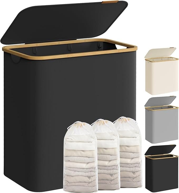 SONGMICS Laundry Basket with Lid, 3-Section Large Laundry Hamper, 150L, Removable Mesh Liner, Oxford Fabric, Bamboo Handles, Collapsible, 60 x 38.5 x 70.5 cm, Ink Black LCB515B01V1 1 SONGMICS Laundry Basket with Lid, 3-Section Large Laundry Hamper, 150L, Removable Mesh Liner, Oxford Fabric, Bamboo Handles, Collapsible, 60 x 38.5 x 70.5 cm, Ink Black LCB515B01V1