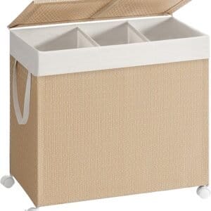 Vasketøjskurv med 3 sektioner, stor 140 l rullende vasketøjskurv med hjul, beige og mat hvid