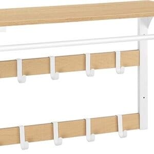 VASAGLE Wall-Mounted Coat Rack, Wall Shelf with 10 Removable Hooks, Clothes Rail, Coat Hooks with Shelf, for Entryway, Bedroom, Bathroom, Oak Colour and White LCR101W09
