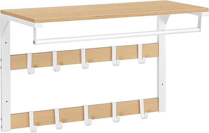 VASAGLE Wall-Mounted Coat Rack, Wall Shelf with 10 Removable Hooks, Clothes Rail, Coat Hooks with Shelf, for Entryway, Bedroom, Bathroom, Oak Colour and White LCR101W09 1 VASAGLE Wall-Mounted Coat Rack, Wall Shelf with 10 Removable Hooks, Clothes Rail, Coat Hooks with Shelf, for Entryway, Bedroom, Bathroom, Oak Colour and White LCR101W09