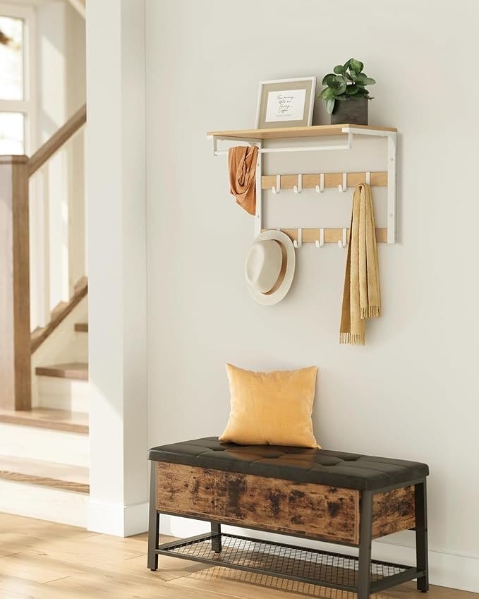 VASAGLE Wall-Mounted Coat Rack, Wall Shelf with 10 Removable Hooks, Clothes Rail, Coat Hooks with Shelf, for Entryway, Bedroom, Bathroom, Oak Colour and White LCR101W09 2 VASAGLE Wall-Mounted Coat Rack, Wall Shelf with 10 Removable Hooks, Clothes Rail, Coat Hooks with Shelf, for Entryway, Bedroom, Bathroom, Oak Colour and White LCR101W09 - Billede 2