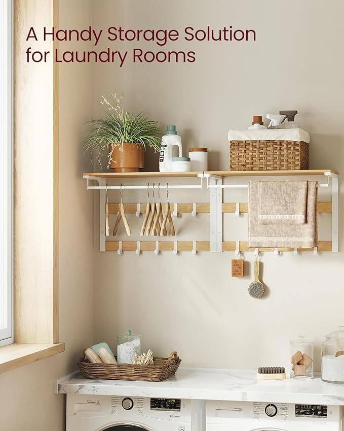 VASAGLE Wall-Mounted Coat Rack, Wall Shelf with 10 Removable Hooks, Clothes Rail, Coat Hooks with Shelf, for Entryway, Bedroom, Bathroom, Oak Colour and White LCR101W09 3 VASAGLE Wall-Mounted Coat Rack, Wall Shelf with 10 Removable Hooks, Clothes Rail, Coat Hooks with Shelf, for Entryway, Bedroom, Bathroom, Oak Colour and White LCR101W09 - Billede 3