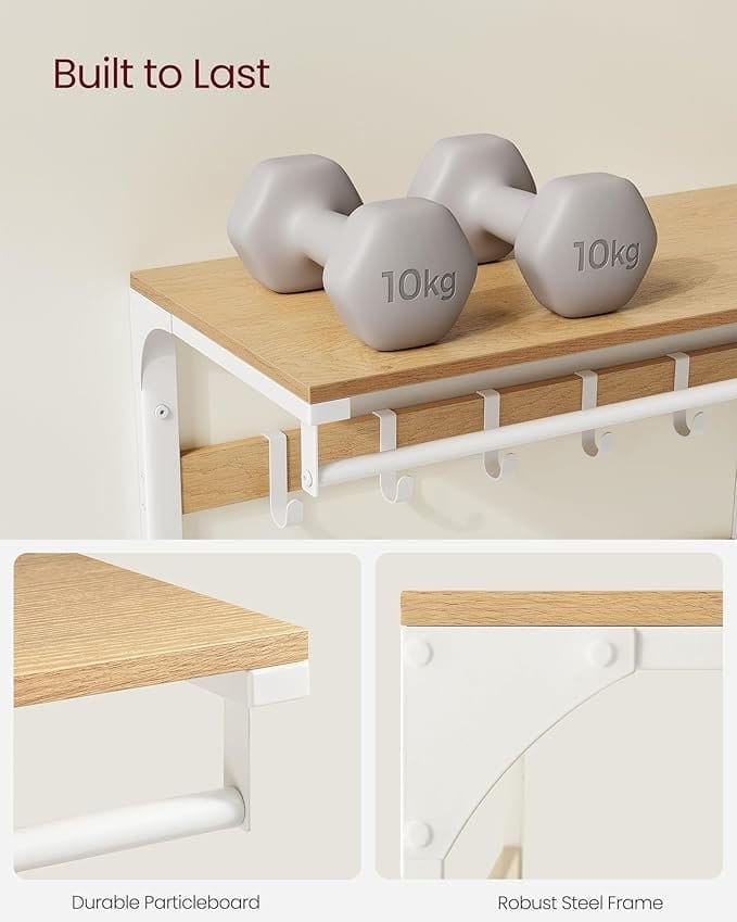 VASAGLE Wall-Mounted Coat Rack, Wall Shelf with 10 Removable Hooks, Clothes Rail, Coat Hooks with Shelf, for Entryway, Bedroom, Bathroom, Oak Colour and White LCR101W09 5 VASAGLE Wall-Mounted Coat Rack, Wall Shelf with 10 Removable Hooks, Clothes Rail, Coat Hooks with Shelf, for Entryway, Bedroom, Bathroom, Oak Colour and White LCR101W09 - Billede 5