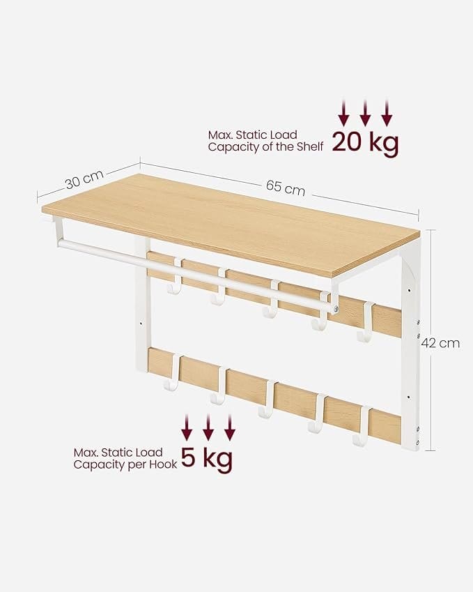 VASAGLE Wall-Mounted Coat Rack, Wall Shelf with 10 Removable Hooks, Clothes Rail, Coat Hooks with Shelf, for Entryway, Bedroom, Bathroom, Oak Colour and White LCR101W09 6 VASAGLE Wall-Mounted Coat Rack, Wall Shelf with 10 Removable Hooks, Clothes Rail, Coat Hooks with Shelf, for Entryway, Bedroom, Bathroom, Oak Colour and White LCR101W09 - Billede 6