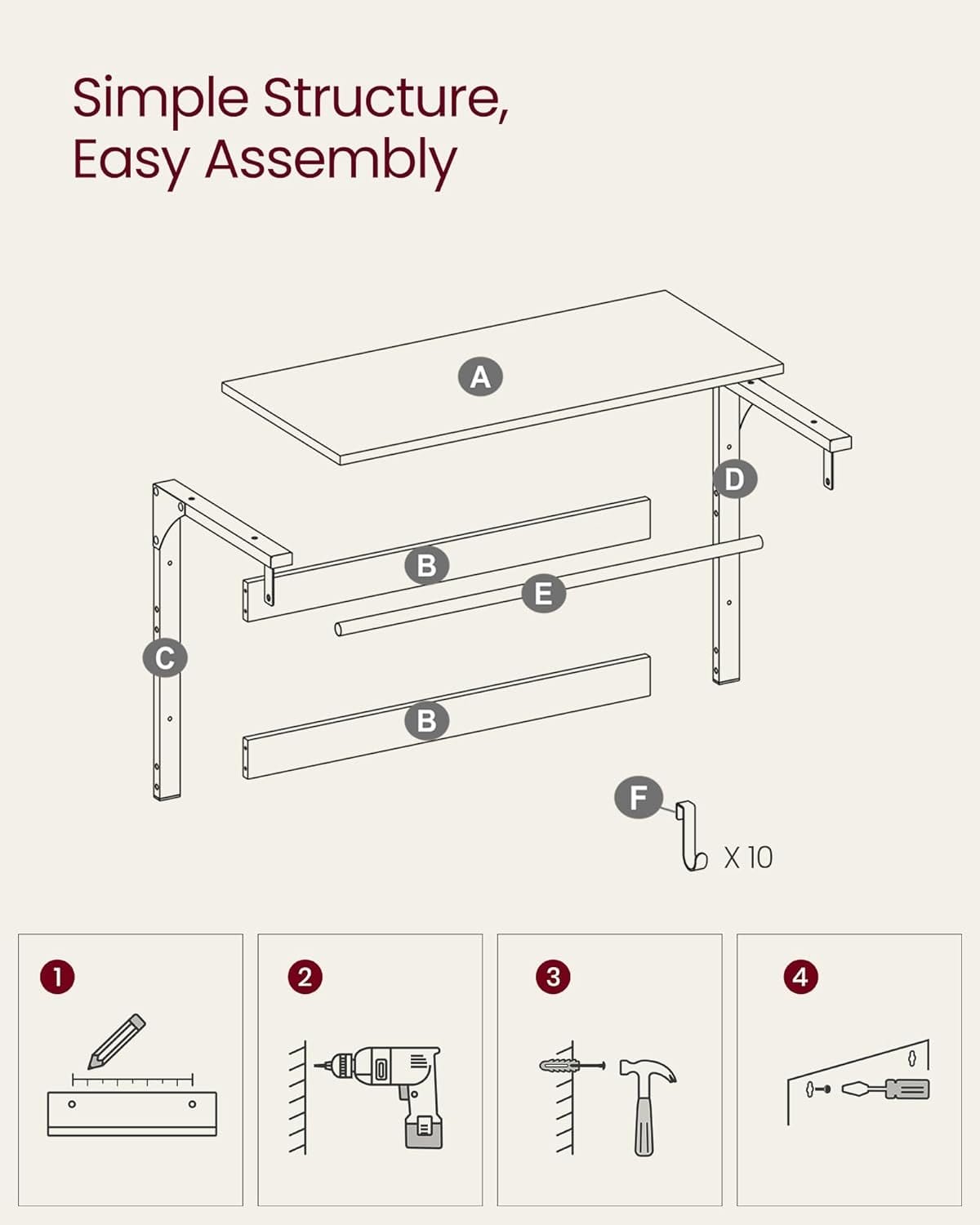 VASAGLE Wall-Mounted Coat Rack, Wall Shelf with 10 Removable Hooks, Clothes Rail, Coat Hooks with Shelf, for Entryway, Bedroom, Bathroom, Oak Colour and White LCR101W09 7 VASAGLE Wall-Mounted Coat Rack, Wall Shelf with 10 Removable Hooks, Clothes Rail, Coat Hooks with Shelf, for Entryway, Bedroom, Bathroom, Oak Colour and White LCR101W09 - Billede 7