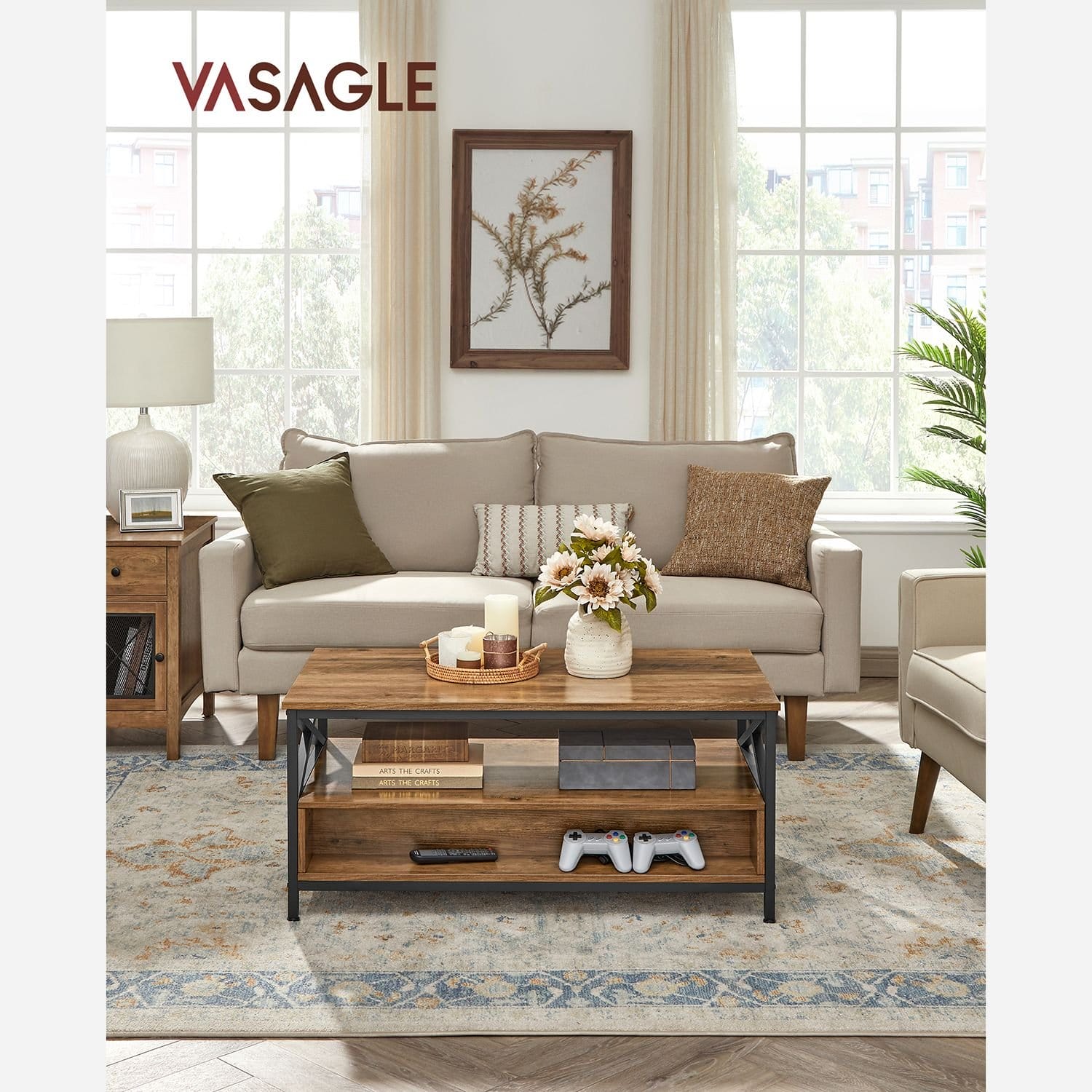 VASAGLE Coffee Table, Living Room Table, Sofa Table, with Drawers, X-Struts, Open Compartment, Industrial Design, Walnut Brown/Black LCT201B41 2 VASAGLE Coffee Table, Living Room Table, Sofa Table, with Drawers, X-Struts, Open Compartment, Industrial Design, Walnut Brown/Black LCT201B41 - Billede 2