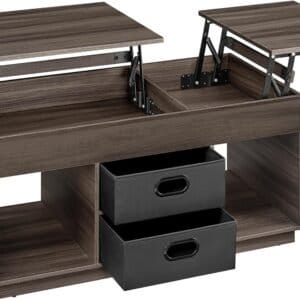 VASAGLE Coffee Table Height Adjustable Living Room Table 2 Drawers and Hidden Compartments Coffee Table Open Compartments for Living Room Home Office Ash Brown LCT210K02