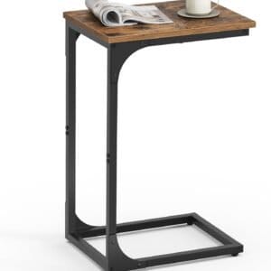 C-formet sidebord, lille sidebord, sofabord med metalramme, brun og sort