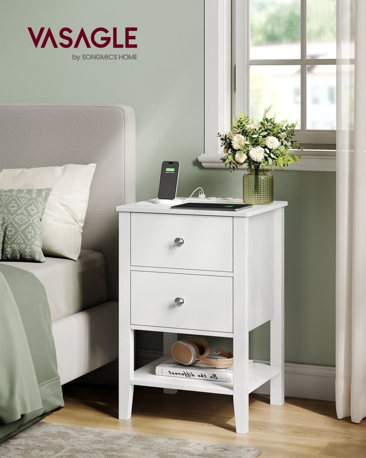 VASAGLE Bamboo Bedside Table with Charging Function, 2 Drawers, Open Shelf, 2 USB-A Ports, 2 AC Ports, Minimalist for Living Room, Bedroom, Sofa, Cloud White LET623W02 2 VASAGLE Bamboo Bedside Table with Charging Function, 2 Drawers, Open Shelf, 2 USB-A Ports, 2 AC Ports, Minimalist for Living Room, Bedroom, Sofa, Cloud White LET623W02 - Billede 2