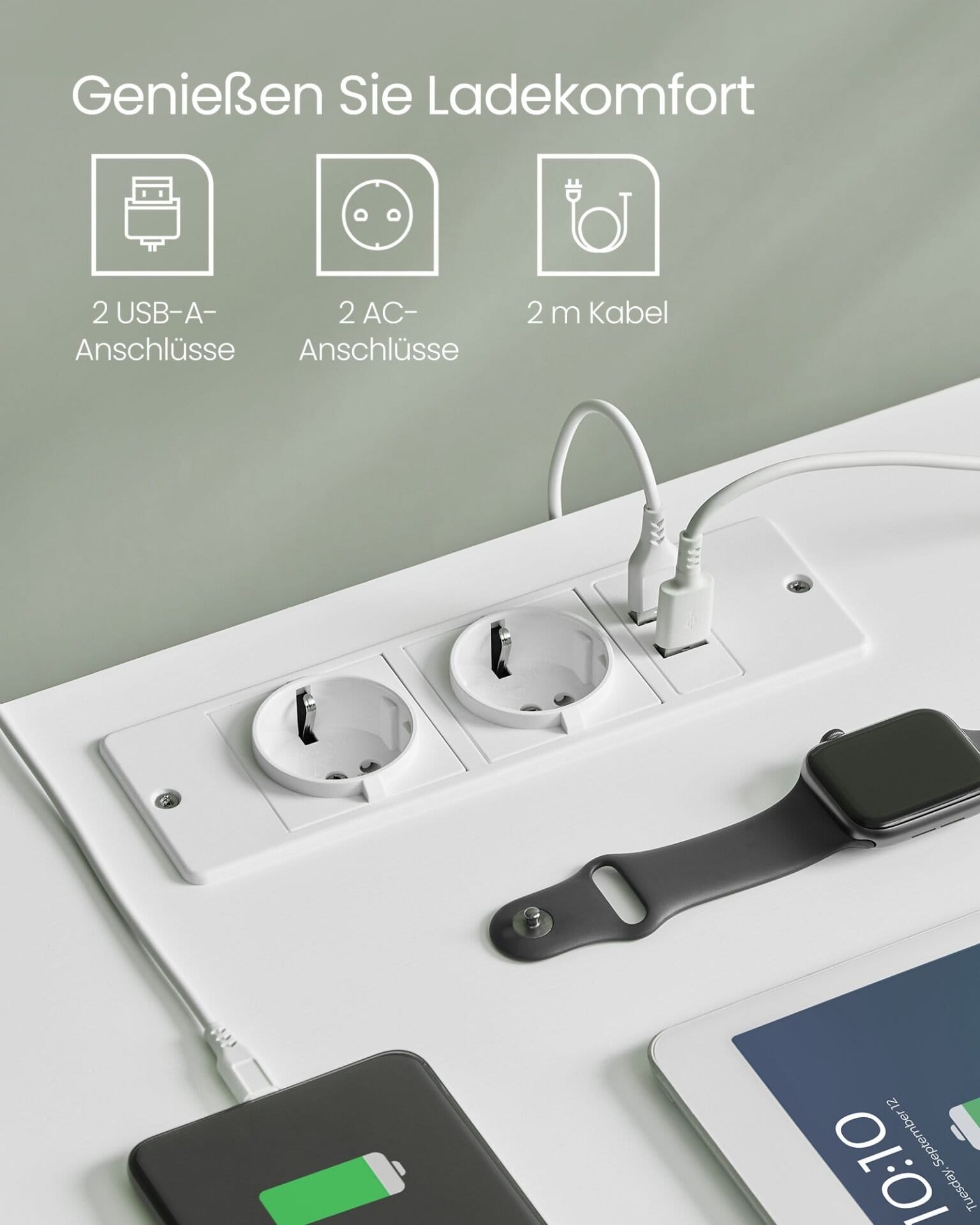 VASAGLE Bamboo Bedside Table with Charging Function, 2 Drawers, Open Shelf, 2 USB-A Ports, 2 AC Ports, Minimalist for Living Room, Bedroom, Sofa, Cloud White LET623W02 3 VASAGLE Bamboo Bedside Table with Charging Function, 2 Drawers, Open Shelf, 2 USB-A Ports, 2 AC Ports, Minimalist for Living Room, Bedroom, Sofa, Cloud White LET623W02 - Billede 3