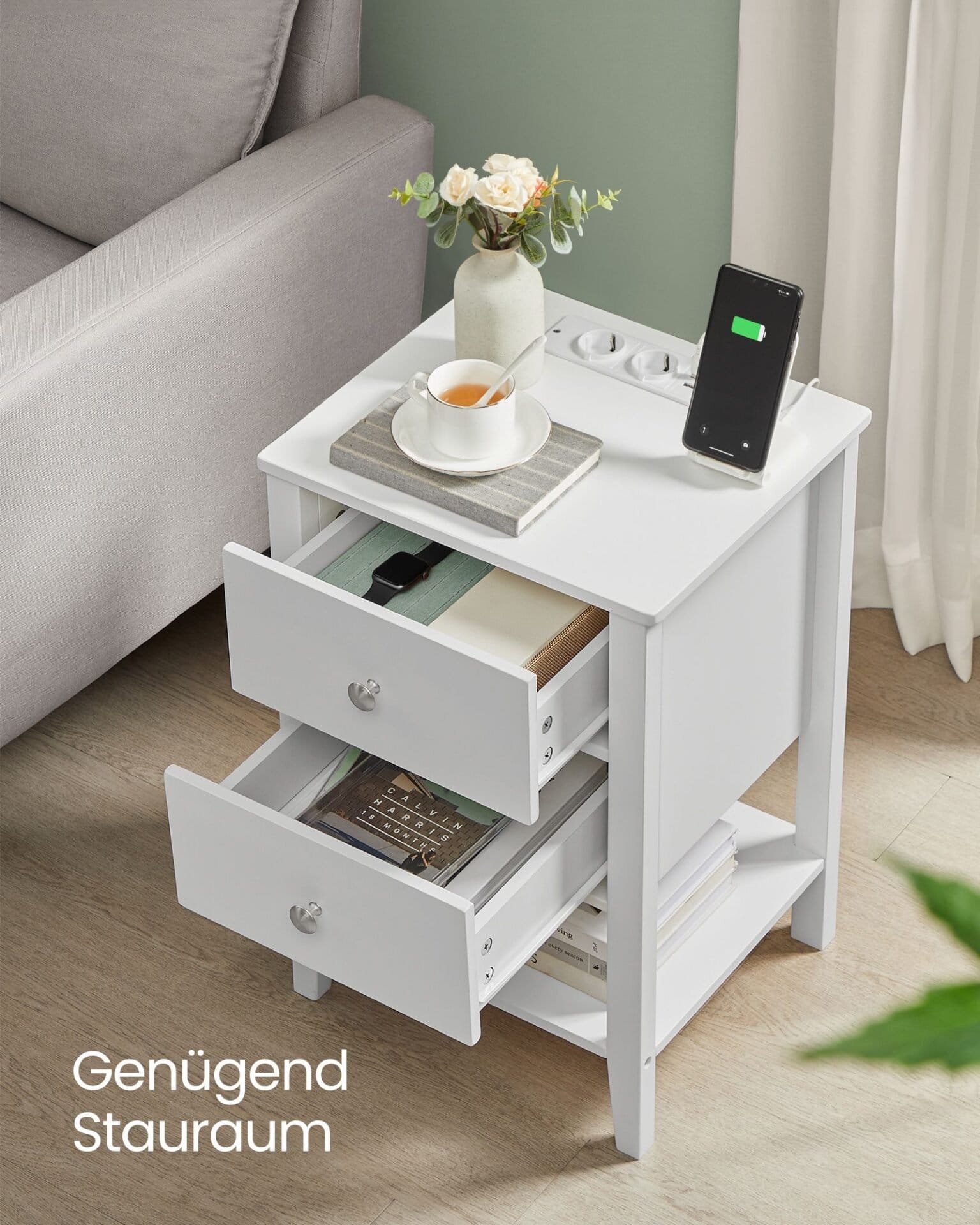 VASAGLE Bamboo Bedside Table with Charging Function, 2 Drawers, Open Shelf, 2 USB-A Ports, 2 AC Ports, Minimalist for Living Room, Bedroom, Sofa, Cloud White LET623W02 4 VASAGLE Bamboo Bedside Table with Charging Function, 2 Drawers, Open Shelf, 2 USB-A Ports, 2 AC Ports, Minimalist for Living Room, Bedroom, Sofa, Cloud White LET623W02 - Billede 4