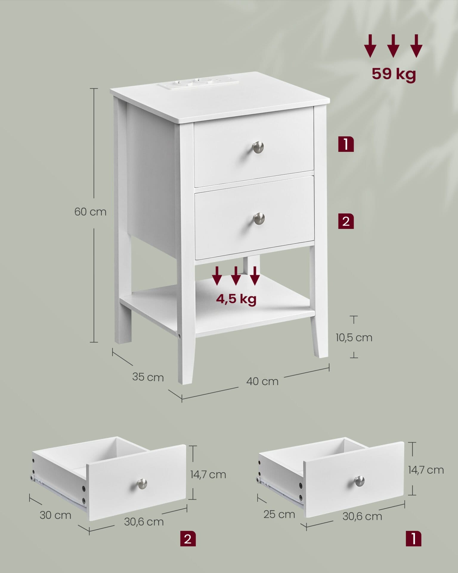 VASAGLE Bamboo Bedside Table with Charging Function, 2 Drawers, Open Shelf, 2 USB-A Ports, 2 AC Ports, Minimalist for Living Room, Bedroom, Sofa, Cloud White LET623W02 6 VASAGLE Bamboo Bedside Table with Charging Function, 2 Drawers, Open Shelf, 2 USB-A Ports, 2 AC Ports, Minimalist for Living Room, Bedroom, Sofa, Cloud White LET623W02 - Billede 6