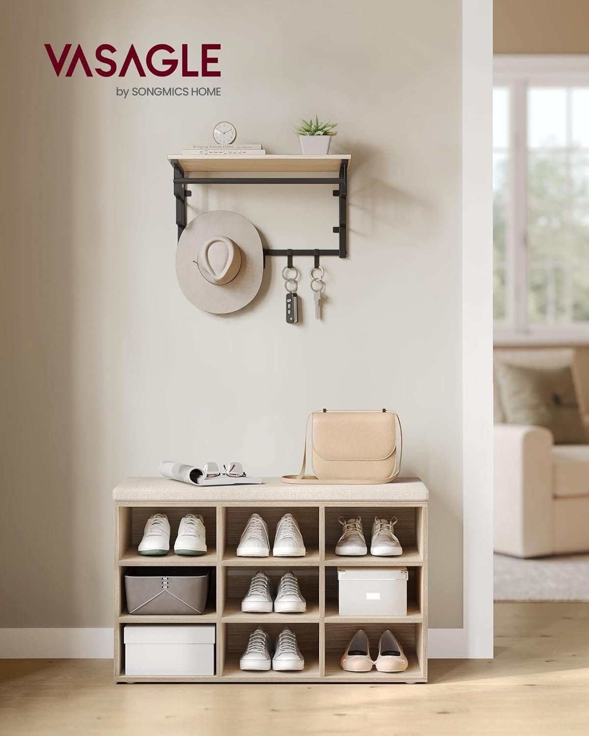VASAGLE Shoe Bench, Hallway Furniture with Seat, Shoe Rack with Cushion and 9 Compartments, Adjustable Shelves, for Hallway Living Room, 30.3 x 78.5 x 48 cm, Camel Brown LHS009K02 2 VASAGLE Shoe Bench, Hallway Furniture with Seat, Shoe Rack with Cushion and 9 Compartments, Adjustable Shelves, for Hallway Living Room, 30.3 x 78.5 x 48 cm, Camel Brown LHS009K02 - Billede 2
