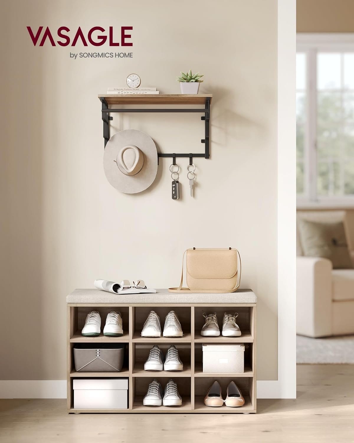 VASAGLE Shoe Storage Bench, Shoe Rack, with Storage Drawer, Entryway Furniture, Industrial Style, Steel Frame, for Living Room, Bedroom, Entryway, Rustic Brown and Ink Black LSB051K01 2 VASAGLE Shoe Storage Bench, Shoe Rack, with Storage Drawer, Entryway Furniture, Industrial Style, Steel Frame, for Living Room, Bedroom, Entryway, Rustic Brown and Ink Black LSB051K01 - Billede 2