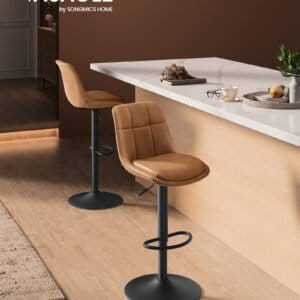 VASAGLE LJB095K01 Bar Stools Set of 2 Bar Chairs Height Adjustable Swivel Kitchen Stools Quilted PU Cover with Backrest and Footrest Dining Counter Steel Caramel Brown