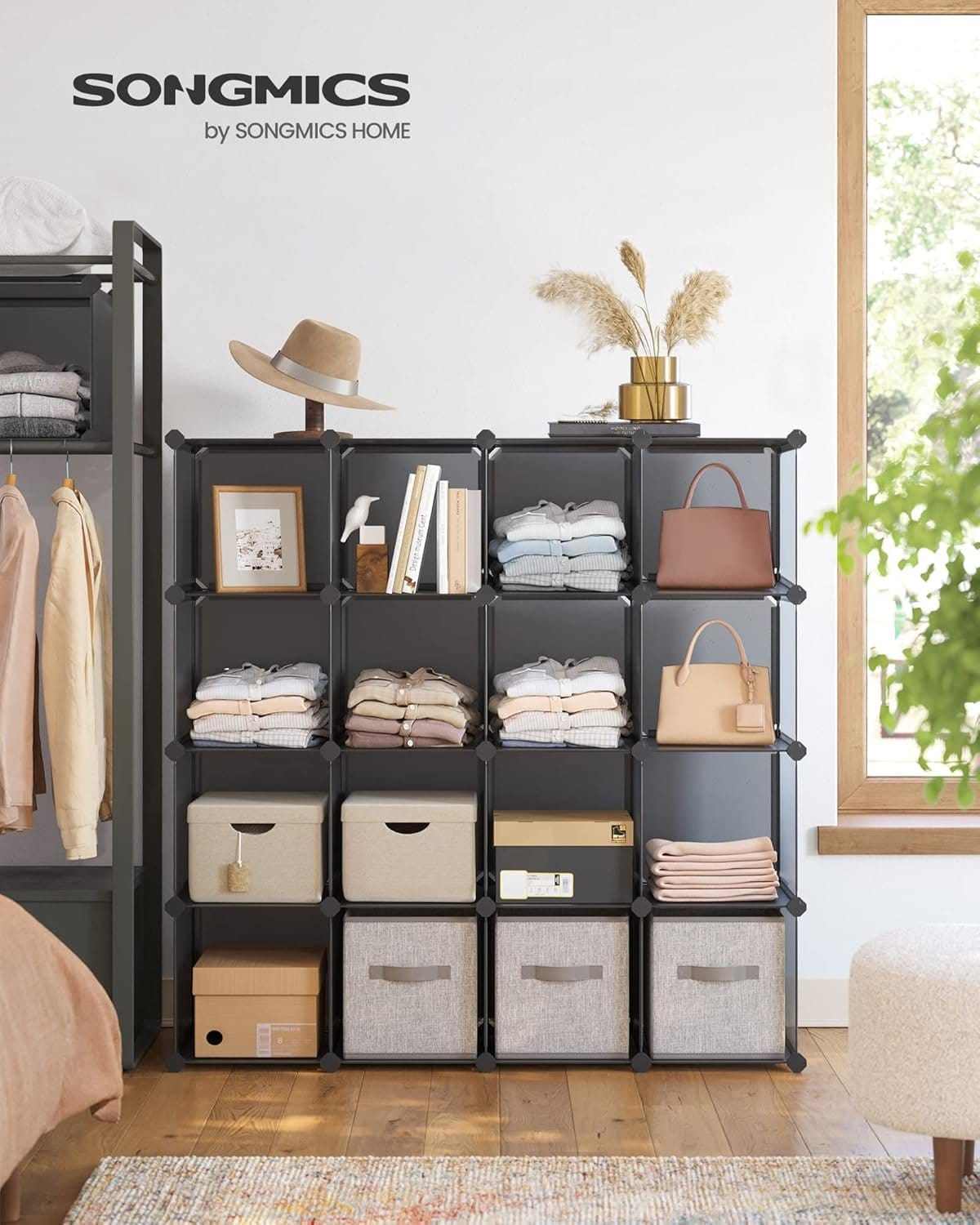 SONGMICS 15 Cube Storage Unit, Modular Organizer, Plastic Shelf, Closet Divider, Shoe Storage, for Bedroom, Office, 153 x 31 x 153 cm, Grey LPC442G01 1 SONGMICS 15 Cube Storage Unit, Modular Organizer, Plastic Shelf, Closet Divider, Shoe Storage, for Bedroom, Office, 153 x 31 x 153 cm, Grey LPC442G01