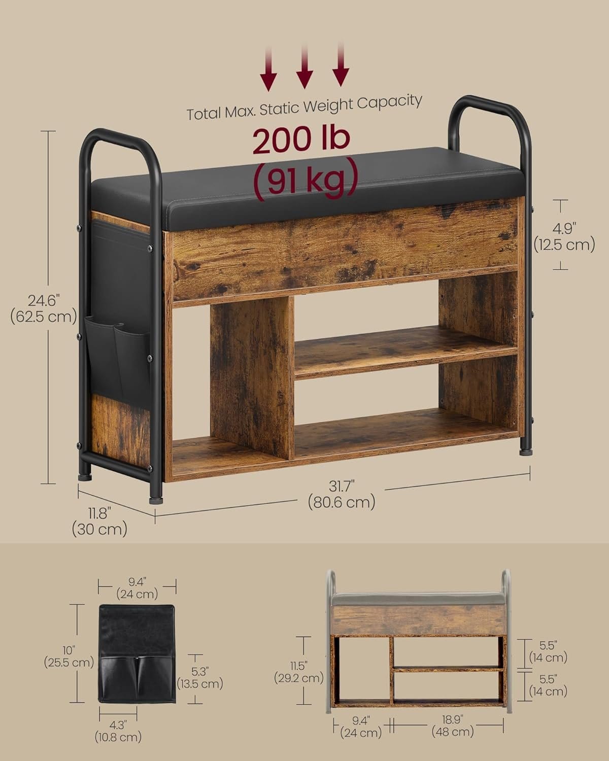 VASAGLE Shoe Bench, Entrance Cabinet, Shoe Storage, Padded Seat and 9 Compartments, Shoe Rack, Load Capacity 136 kg, Natural Beige LHS009K01 3 VASAGLE Shoe Bench, Entrance Cabinet, Shoe Storage, Padded Seat and 9 Compartments, Shoe Rack, Load Capacity 136 kg, Natural Beige LHS009K01 - Billede 3