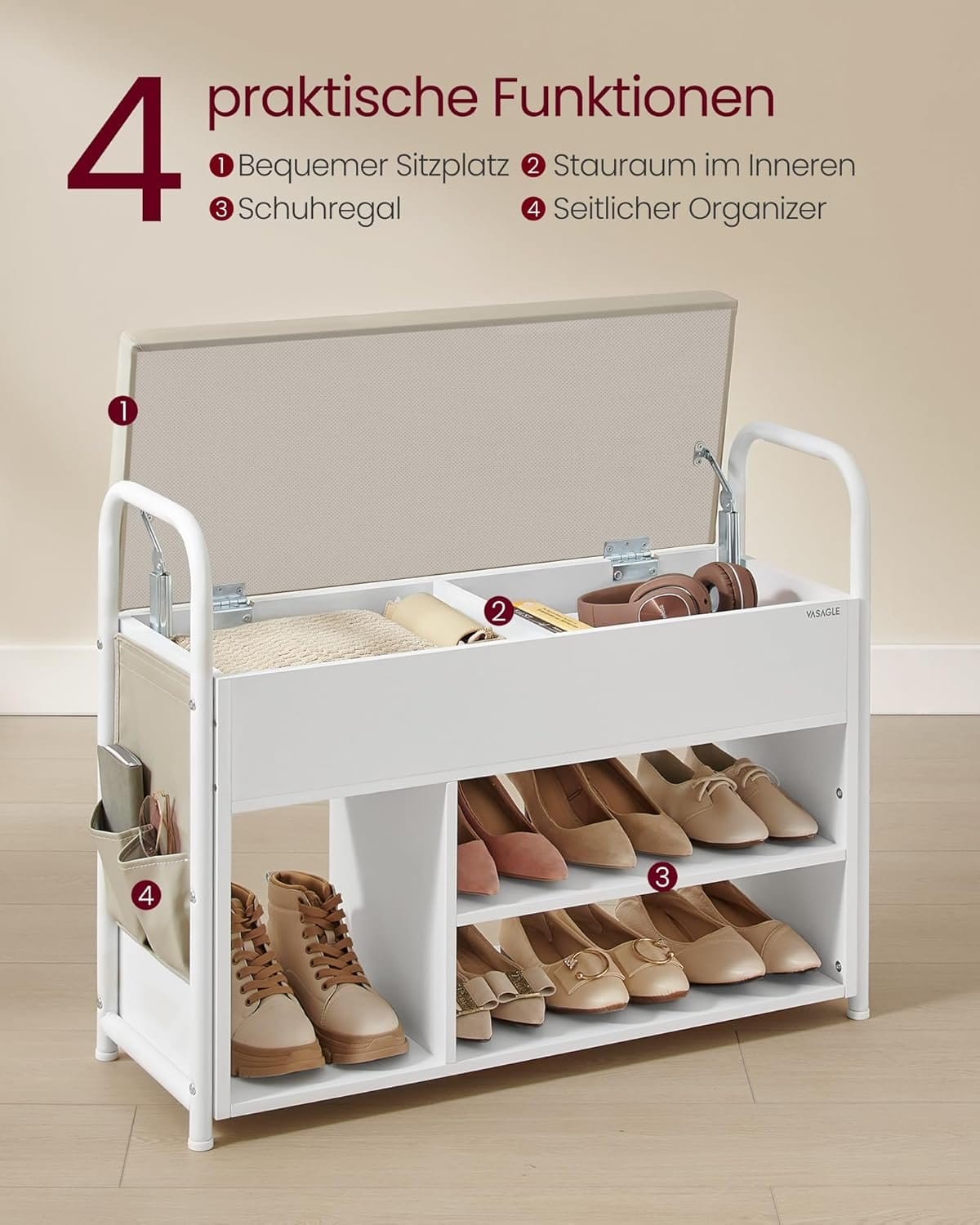 VASAGLE Shoe Bench, Shoe Rack, Entryway Furniture, Inner Storage Under The Lid, PU Pockets, Convenient Handles, for Entryway, Living Room, Bedroom, Rustic Brown and Ink Black ULSB052K01 4 VASAGLE Shoe Bench, Shoe Rack, Entryway Furniture, Inner Storage Under The Lid, PU Pockets, Convenient Handles, for Entryway, Living Room, Bedroom, Rustic Brown and Ink Black ULSB052K01 - Billede 4