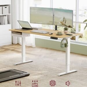 VASAGLE LSD116X01 Height-Adjustable Electric Desk with Socket and Drawer, 70 x 160 cm Table Top, Fully Adjustable, Memory Function with 4 Heights, Vintage Brown/Ink Black