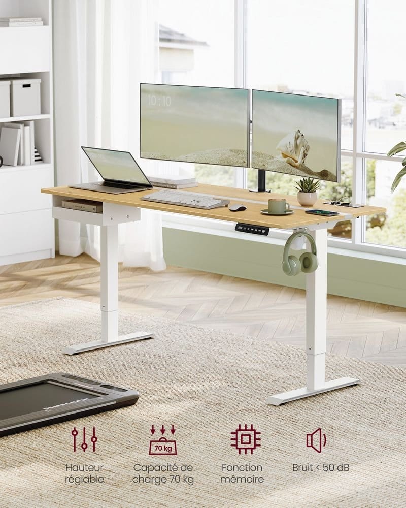 VASAGLE LSD116X01 Height-Adjustable Electric Desk with Socket and Drawer, 70 x 160 cm Table Top, Fully Adjustable, Memory Function with 4 Heights, Vintage Brown/Ink Black 1 VASAGLE LSD116X01 Height-Adjustable Electric Desk with Socket and Drawer, 70 x 160 cm Table Top, Fully Adjustable, Memory Function with 4 Heights, Vintage Brown/Ink Black