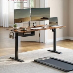 VASAGLE LSD116W01 Height Adjustable Electric Desk with Socket and Drawer, 70 x 160 cm Table Top, Smoothly Adjustable, Memory Function with 4 Heights, Cloud White/Gold Oak