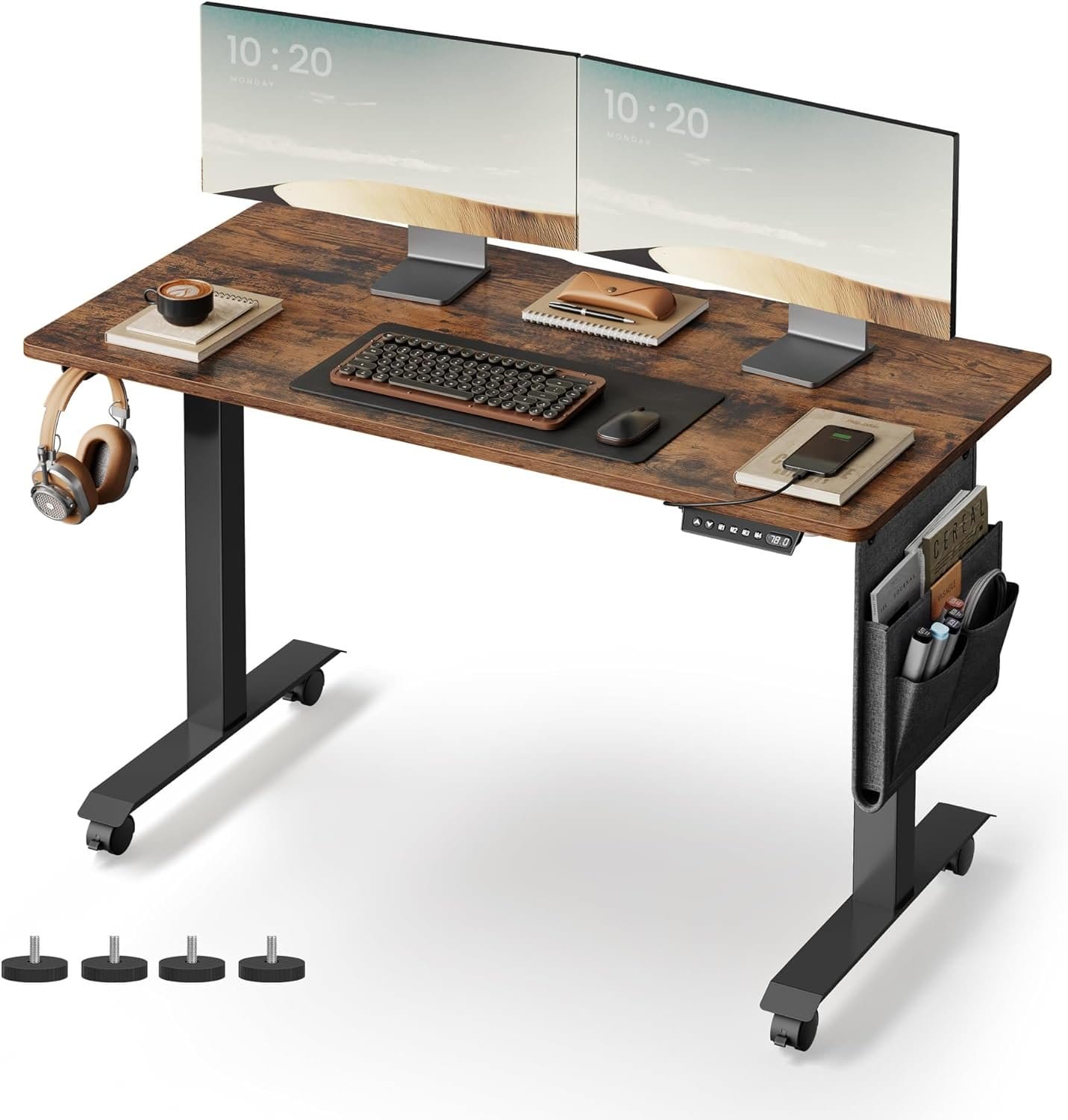 Højdejusterbart elektrisk skrivebord med stikkontakt og skuffe, 60 x 140 cm, Vintage brun/sort 1 Højdejusterbart elektrisk skrivebord med stikkontakt og skuffe, 60 x 140 cm, Vintage brun/sort