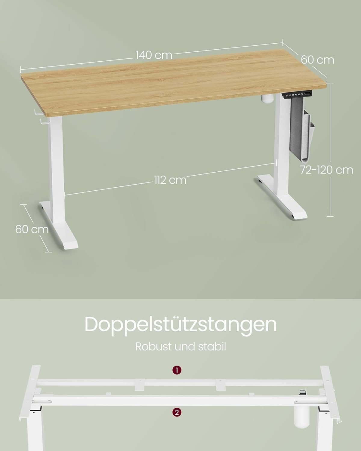 VASAGLE LSD172X01 Height-adjustable desk electric, particle board, steel, Oxford fabric, vintage brown, 120 cm 3 VASAGLE LSD172X01 Height-adjustable desk electric, particle board, steel, Oxford fabric, vintage brown, 120 cm - Billede 3