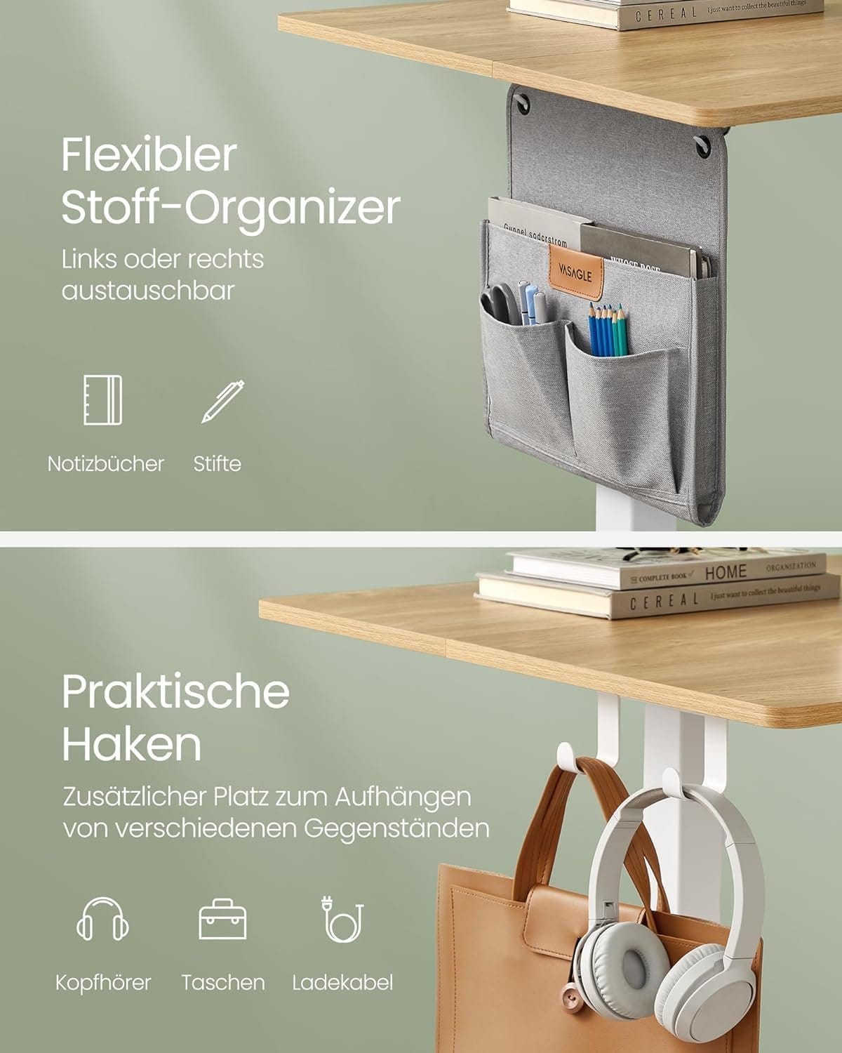 VASAGLE LSD172X01 Height-adjustable desk electric, particle board, steel, Oxford fabric, vintage brown, 120 cm 6 VASAGLE LSD172X01 Height-adjustable desk electric, particle board, steel, Oxford fabric, vintage brown, 120 cm - Billede 6