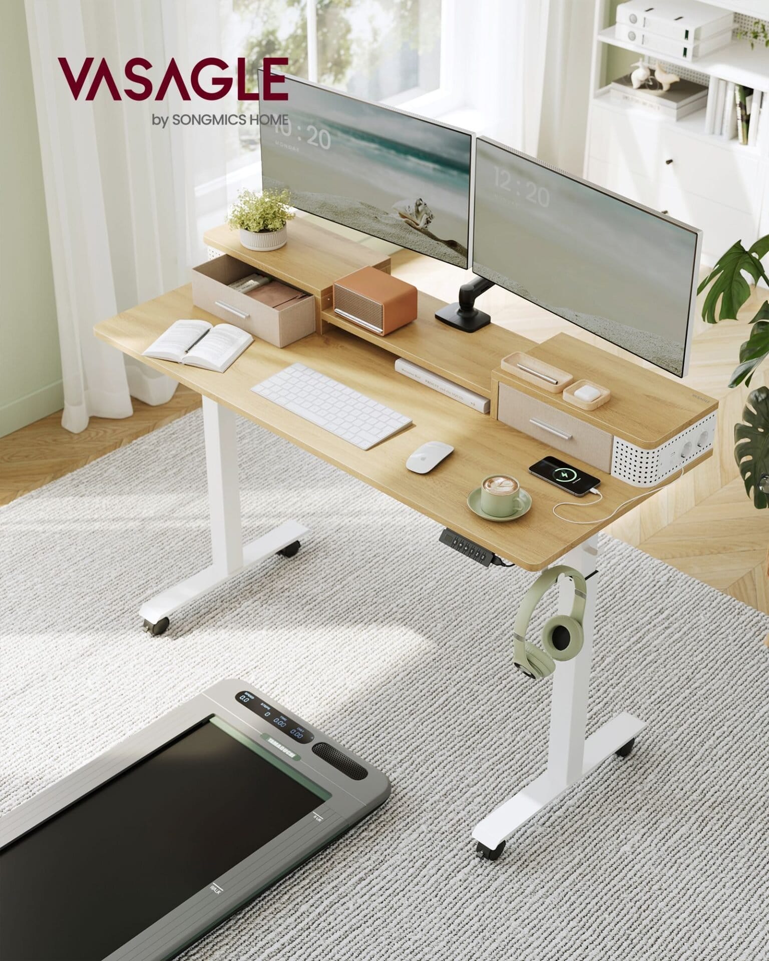 VASAGLE Electric height-adjustable desk, 60 x 120 x (72-120) cm, infinitely adjustable, with monitor stand, hook, memory function, vintage brown LSD182X01 2 VASAGLE Electric height-adjustable desk, 60 x 120 x (72-120) cm, infinitely adjustable, with monitor stand, hook, memory function, vintage brown LSD182X01 - Billede 2