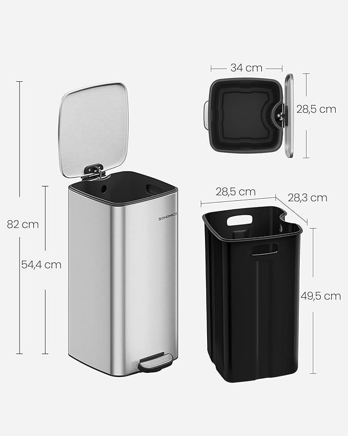 SONGMICS LTB593E01 30 Litre Steel Pedal Bin with Inner Bucket, Soft Close and Hold Open, Metallic Silver LTB593E01 5 SONGMICS LTB593E01 30 Litre Steel Pedal Bin with Inner Bucket, Soft Close and Hold Open, Metallic Silver LTB593E01 - Billede 5