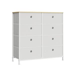 Lysegrå Hvid Stofkommode med 8 Skuffer, Metalramme og Bordplade til Garderobe