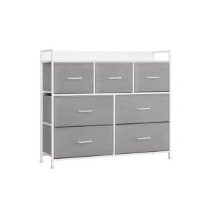 Kommode, Soveværelsesskab, 7 stofskuffer med håndtag, metalramme, Dove Grey og Cloud White