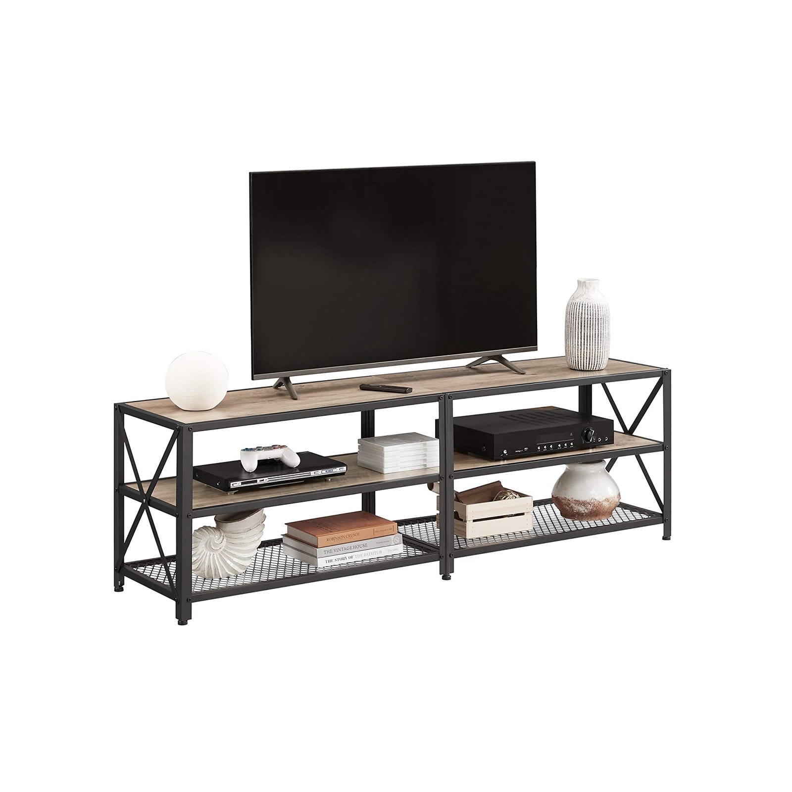 VASAGLE TV Stand for TV up to 65 Inches, TV Table, Entertainment Center, 3-Tier TV Console, Steel Frame, Industrial Style, for Living Room, Greige and Black ULTV094B02 2 VASAGLE TV Stand for TV up to 65 Inches, TV Table, Entertainment Center, 3-Tier TV Console, Steel Frame, Industrial Style, for Living Room, Greige and Black ULTV094B02 - Billede 2